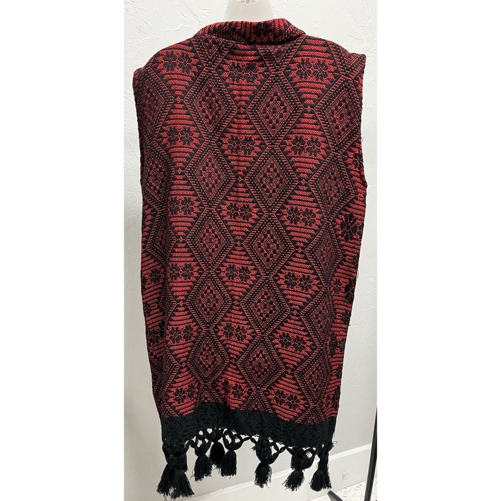 Mexican Embroidered Floral Vest One Size Boho Artisan Fringed Black Red - Picture 2 of 3
